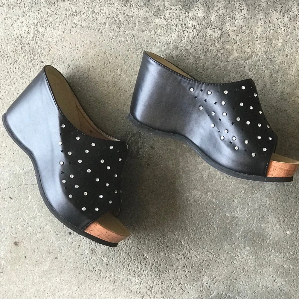 Italina Black Star Rhinestone Embellished Comfortable Chunky Platform Wedge Heel - Picture 3 of 9